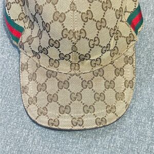 Gucci Beige and Brown Monogram Cap with Green and Red Stripes